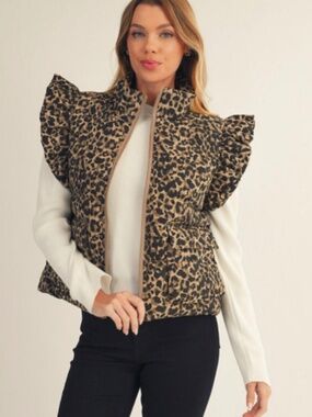 Jodifil Vest Leopard Animal Print Ruffle-Trim Quilted NWT